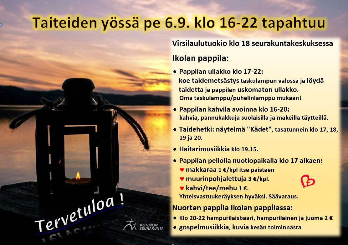 Taiteiden yön 6.9. klo 16-22 tapahtumia.